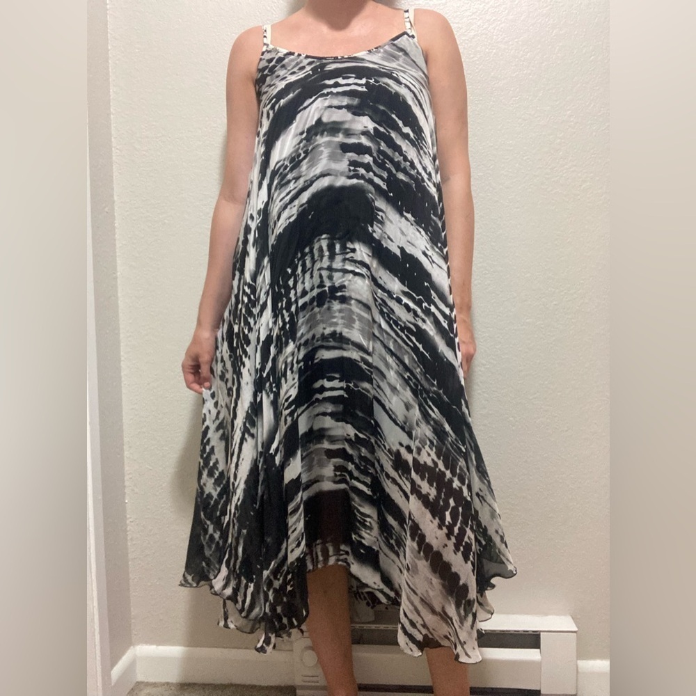 Meo Meli Made in Italy Silk Blend Black and White Abstract Print Maxi Dress OS